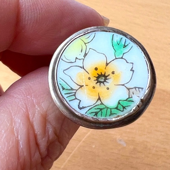 VINTAGE DESIGNER J.LEE JESSICA LEE 925SS CERAMIC FLOWER PAINTING RING HALLMARKED - Picture 9 of 16